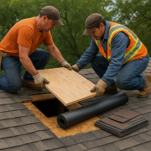 Two roofers doing a roof repair job. | two rivers roofing, inc Two Roofers Doing a Roof Repair Job.