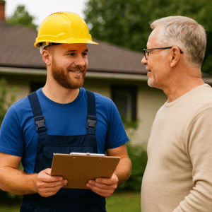 Roof contractor talking to a homeowner | two rivers roofing, inc Roofing contractor discussing the roof maintenance checklist with the home owner