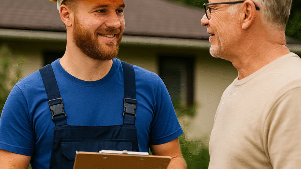 roofing contractor discussing the roof maintenance checklist with the home owner