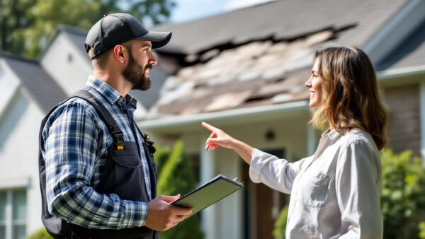 roofing contracting talking to homeowner about whether to repair or replace roof.