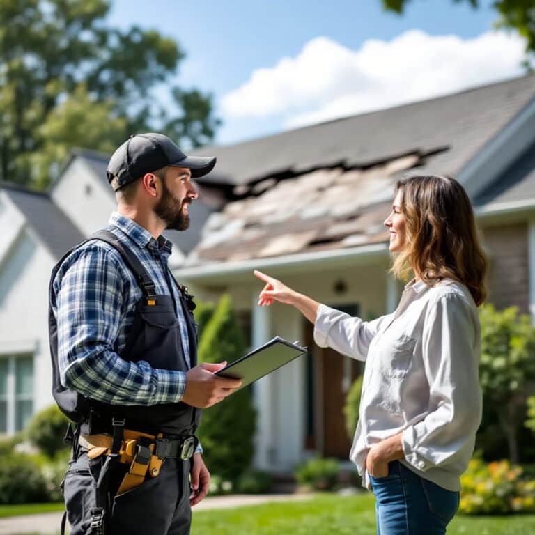 roofing contracting talking to homeowner about whether to repair or replace roof.