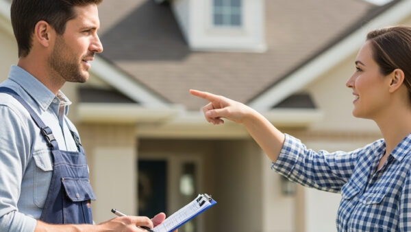 homeowner discussing roof repair cost with contractor outside sacramento home