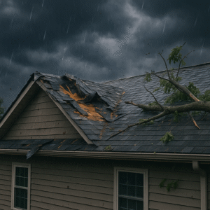 Storm damage roof repair | two rivers roofing, inc A suburban home with visible roof damage after a storm, showing missing shingles and fallen branches under dark clouds — illustrating storm damage roof repair needs.