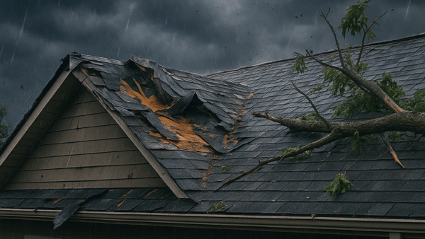 Storm damage roof repair | two rivers roofing, inc a suburban home with visible roof damage after a storm, showing missing shingles and fallen branches under dark clouds — illustrating storm damage roof repair needs.