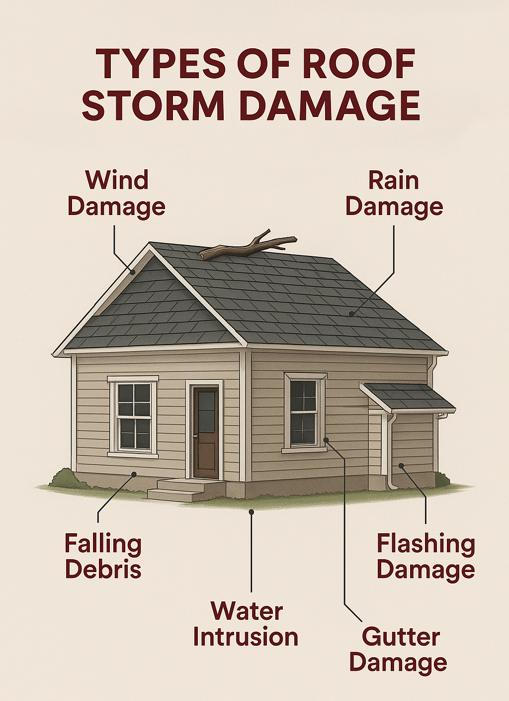 An educational infographic showing a house labeled with types of roof storm damage, including wind, hail, rain, and debris — designed to help homeowners understand storm damage roof repair.