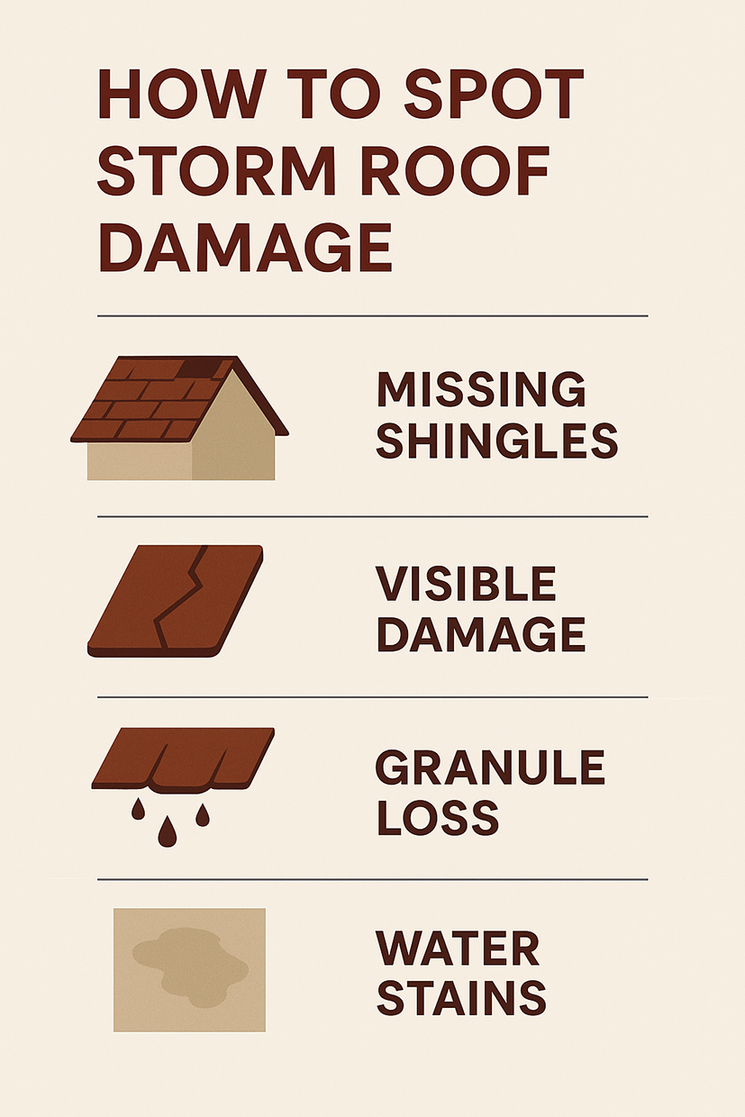 infographic listing four signs of storm roof damage, including missing shingles, visible damage, granule loss, and interior water stains.