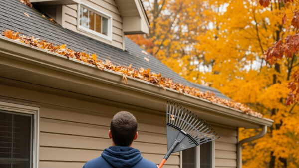 Homeowner seeing a cause of leaking roofs | two rivers roofing, inc a homeowner holds a rake and notices clogged rain gutters filled with fall leaves — an early warning sign of leaking roofs.