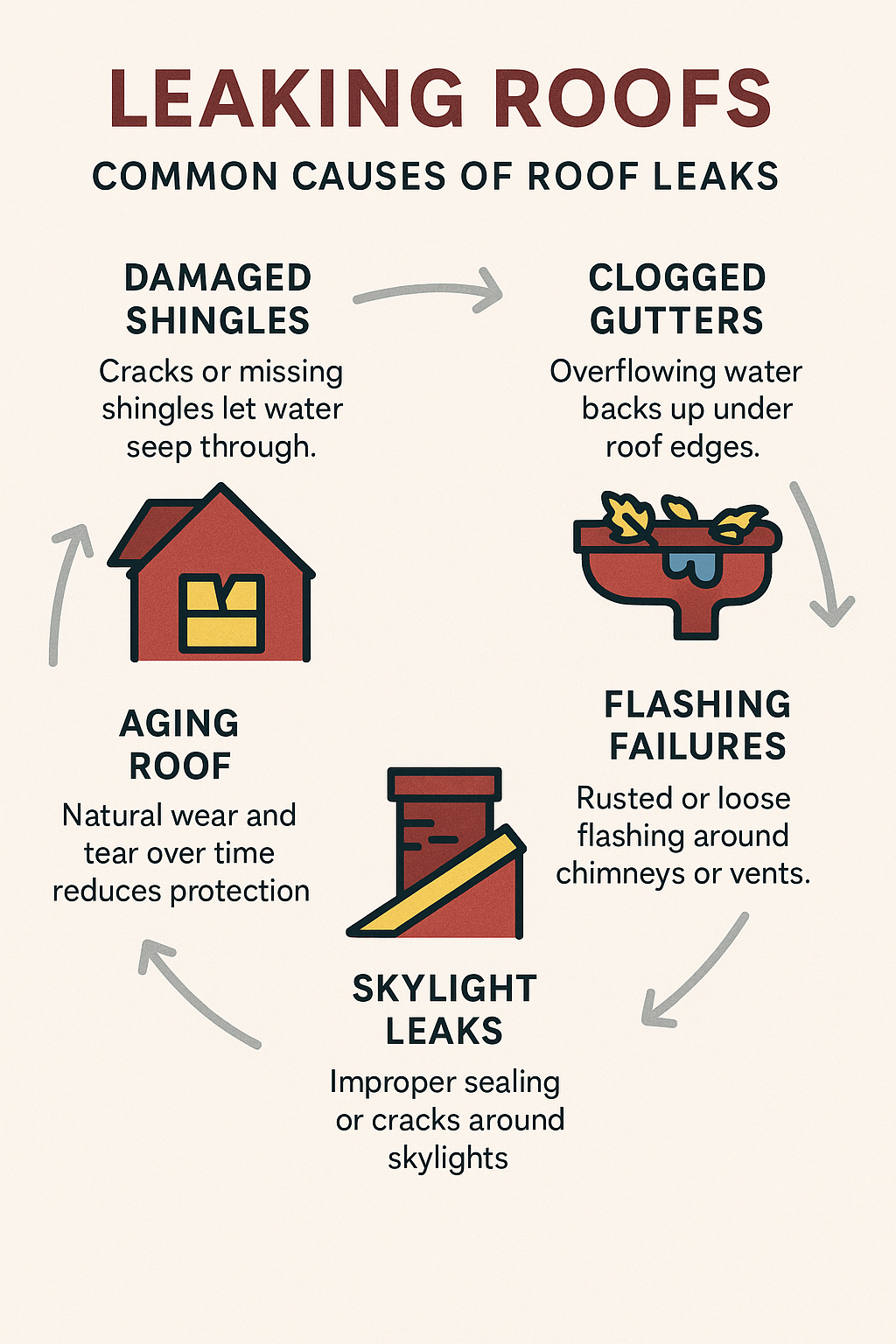 Leaking roofs common causes infographic | two rivers roofing, inc infographic illustrating the most common causes of leaking roofs — damaged shingles, clogged gutters, flashing failures, skylight leaks, and aging roofs — arranged in a circular flow design using red, charcoal, and gold colors.