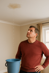 Roof leak repair cost | two rivers roofing, inc A homeowner catching water from a ceiling leak with a bucket, showing a leaking roof, and why understanding roof leak repair cost is important.