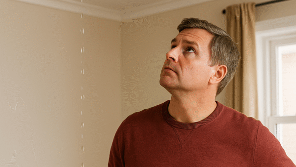 Roof leak repair cost | two rivers roofing, inc a homeowner catching water from a ceiling leak with a bucket, showing a leaking roof, and why understanding roof leak repair cost is important.