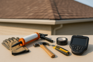 Roof maintenance services | two rivers roofing, inc A set of professional tools used for roof maintenance services, arranged neatly with a house roof blurred in the background to show the context of the work.