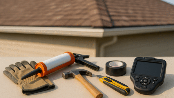 A set of professional tools used for roof maintenance services, arranged neatly with a house roof blurred in the background to show the context of the work.