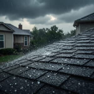 Hail damage to a roof shingles as hailstones strike a residential home during a storm.