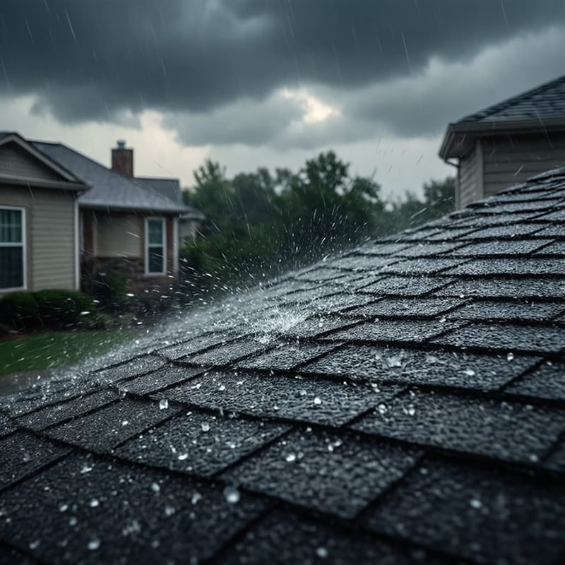 hail damage to a roof shingles as hailstones strike a residential home during a storm.