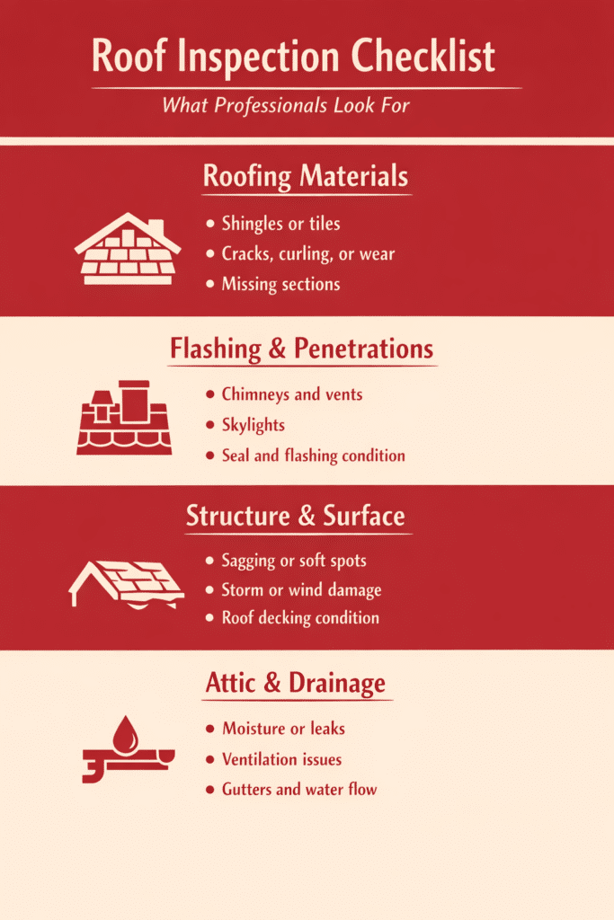 roof inspection checklist infographic showing four key inspection areas: roofing materials, flashing and penetrations, structure and surface condition, and attic and drainage checks.